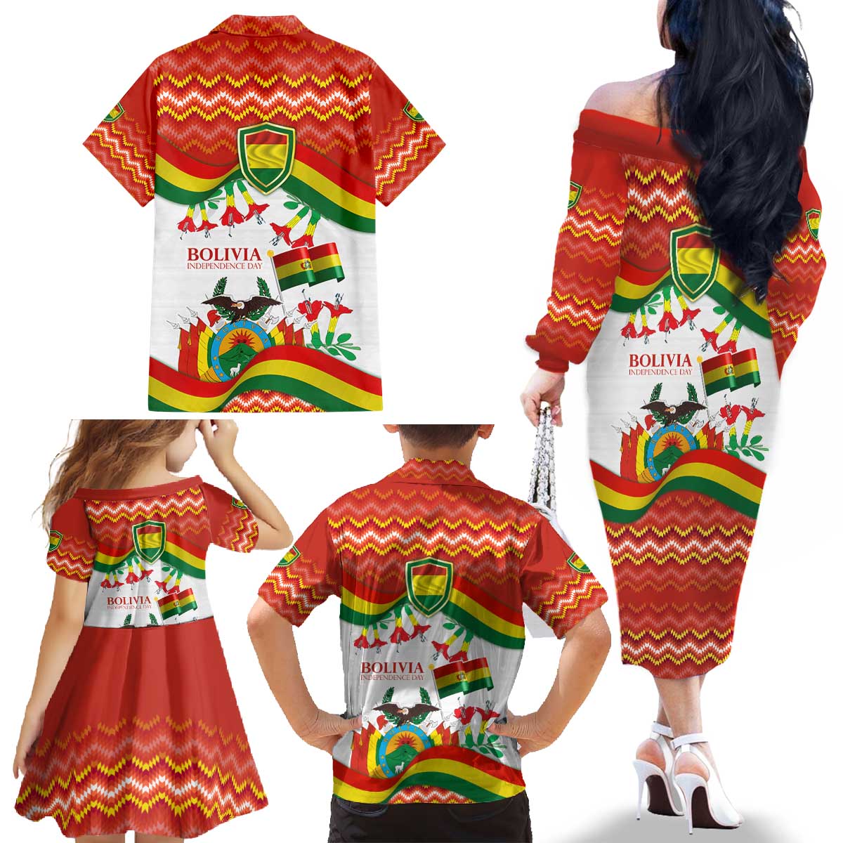 Bolivia Independence Day Family Matching Off The Shoulder Long Sleeve Dress and Hawaiian Shirt with Flag Colors and August 6 Celebration Design