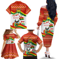 Bolivia Independence Day Family Matching Off The Shoulder Long Sleeve Dress and Hawaiian Shirt with Flag Colors and August 6 Celebration Design