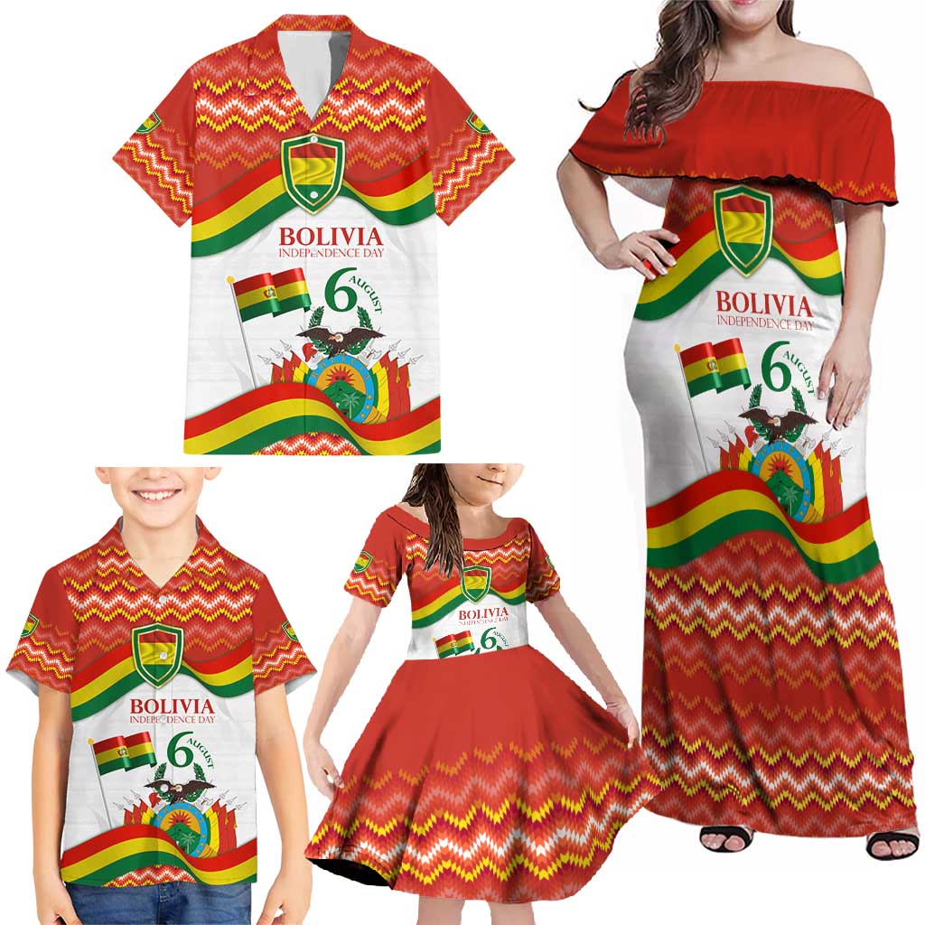 Bolivia Independence Day Family Matching Off Shoulder Maxi Dress and Hawaiian Shirt with Flag Colors and August 6 Celebration Design