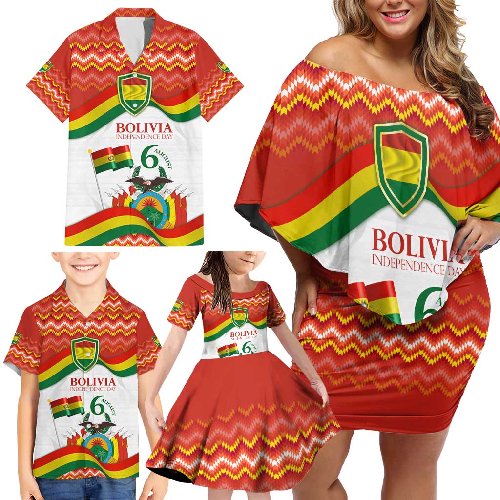 Bolivia Independence Day Family Matching Off Shoulder Short Dress and Hawaiian Shirt with Flag Colors and August 6 Celebration Design