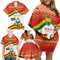 Bolivia Independence Day Family Matching Off Shoulder Short Dress and Hawaiian Shirt with Flag Colors and August 6 Celebration Design