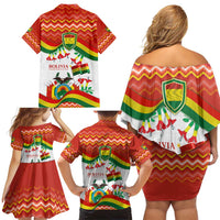 Bolivia Independence Day Family Matching Off Shoulder Short Dress and Hawaiian Shirt with Flag Colors and August 6 Celebration Design