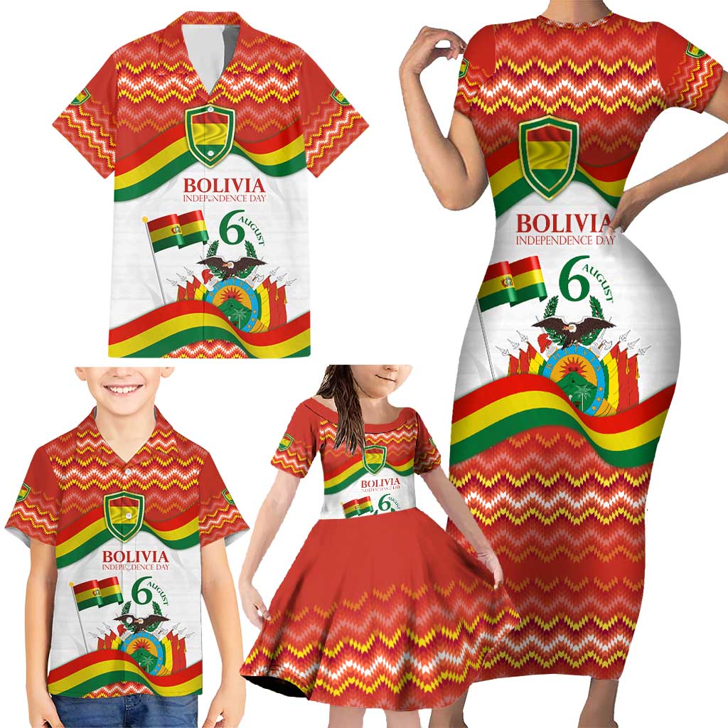 Bolivia Independence Day Family Matching Short Sleeve Bodycon Dress and Hawaiian Shirt with Flag Colors and August 6 Celebration Design