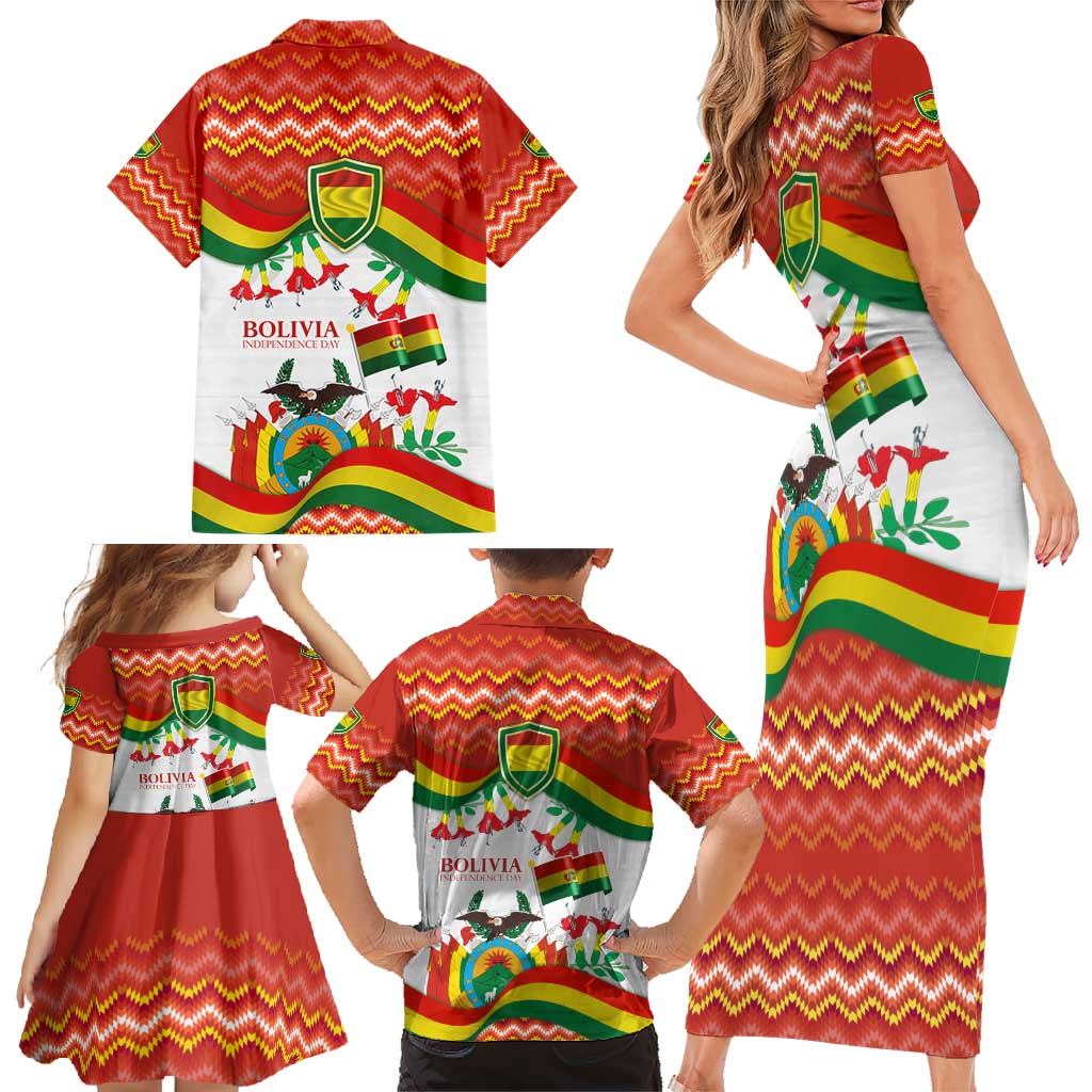 Bolivia Independence Day Family Matching Short Sleeve Bodycon Dress and Hawaiian Shirt with Flag Colors and August 6 Celebration Design
