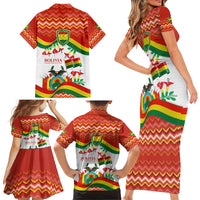 Bolivia Independence Day Family Matching Short Sleeve Bodycon Dress and Hawaiian Shirt with Flag Colors and August 6 Celebration Design