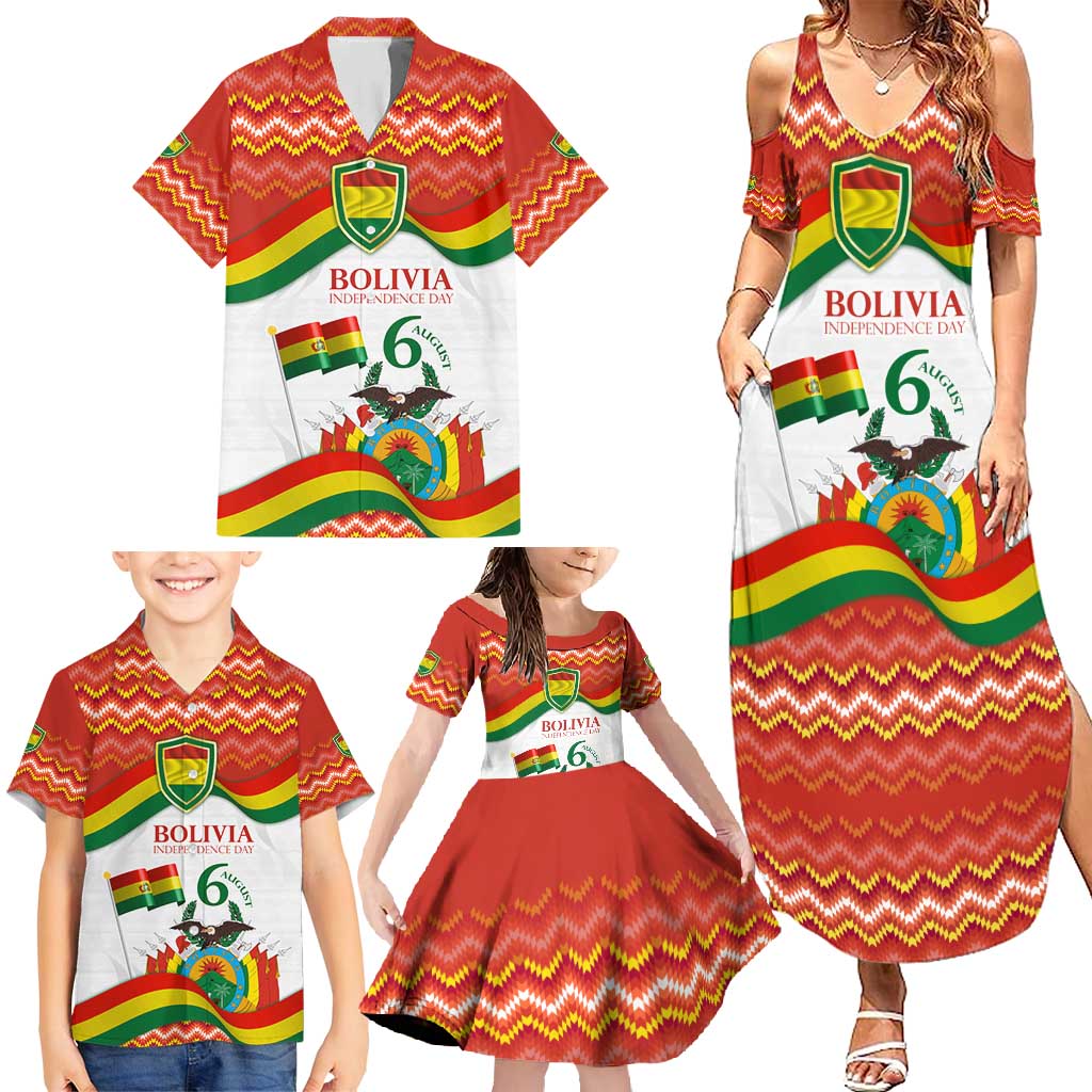 Bolivia Independence Day Family Matching Summer Maxi Dress and Hawaiian Shirt with Flag Colors and August 6 Celebration Design