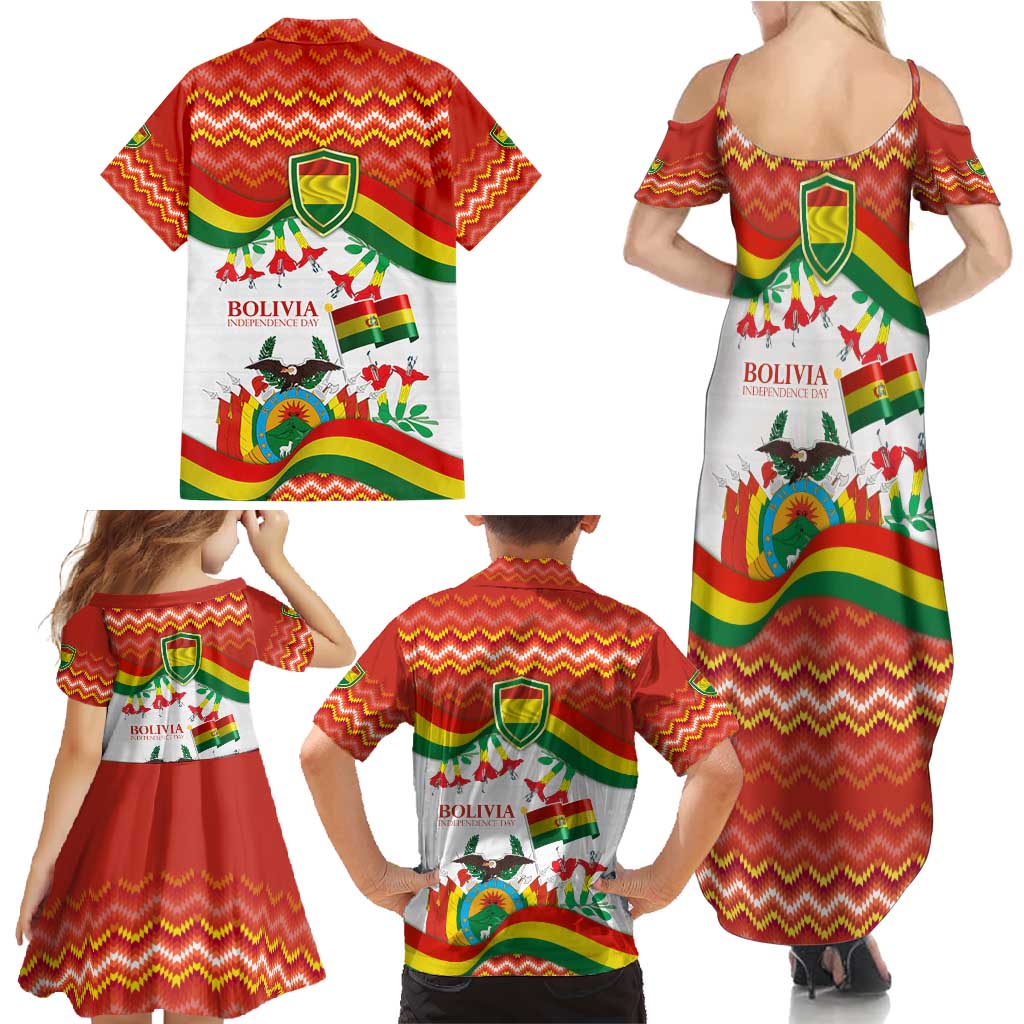 Bolivia Independence Day Family Matching Summer Maxi Dress and Hawaiian Shirt with Flag Colors and August 6 Celebration Design