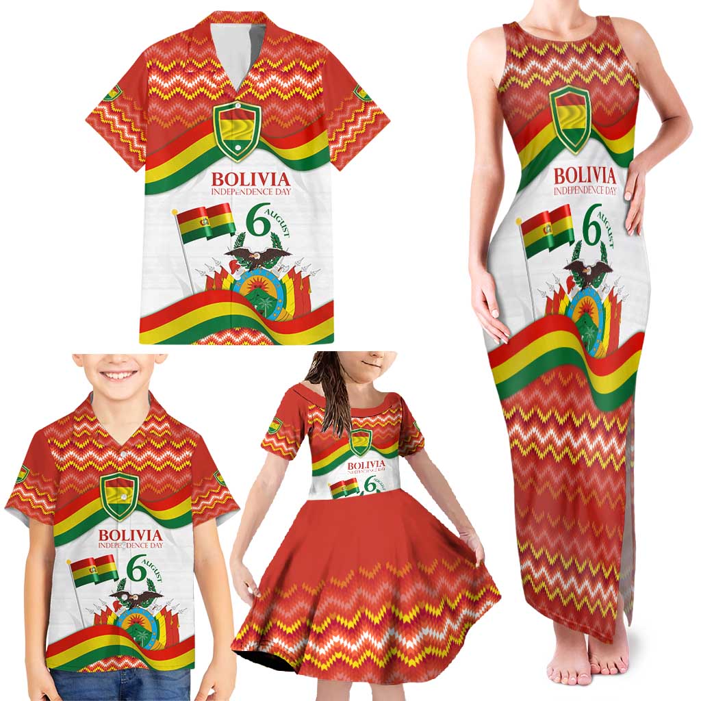 Bolivia Independence Day Family Matching Tank Maxi Dress and Hawaiian Shirt with Flag Colors and August 6 Celebration Design