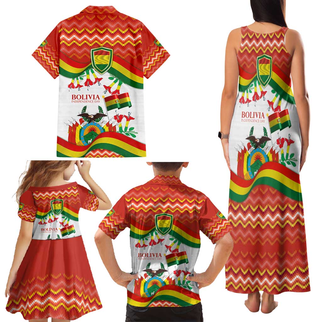 Bolivia Independence Day Family Matching Tank Maxi Dress and Hawaiian Shirt with Flag Colors and August 6 Celebration Design