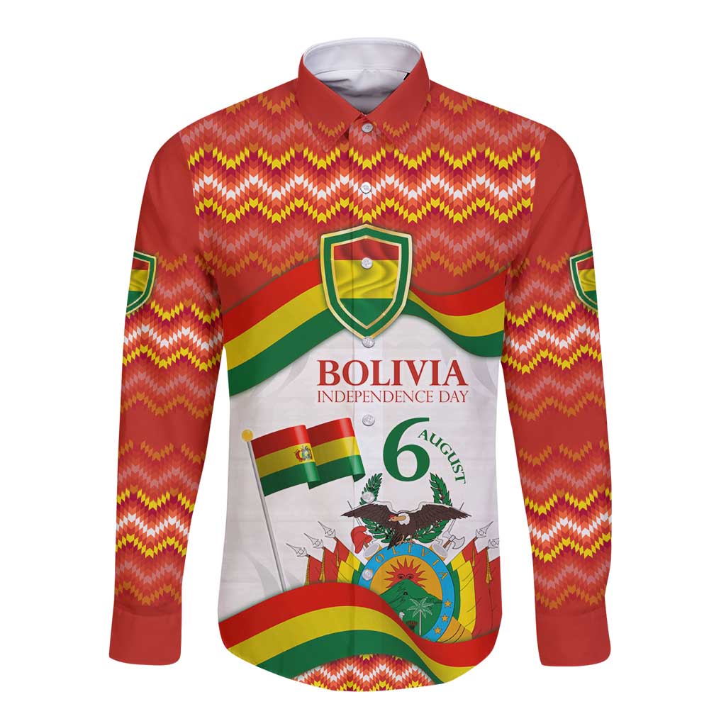 Bolivia Independence Day Long Sleeve Button Shirt with Flag Colors and August 6 Celebration Design
