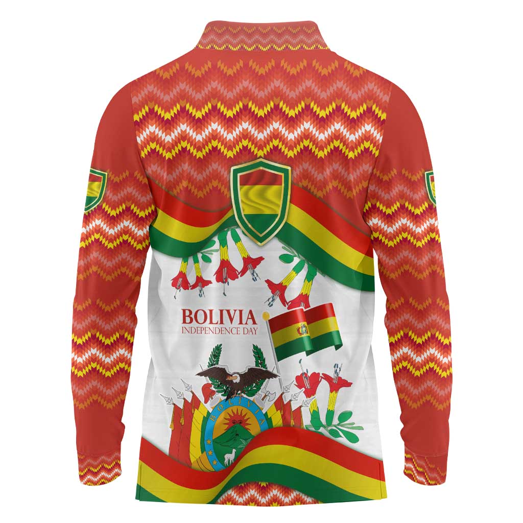 Bolivia Independence Day Long Sleeve Polo Shirt with Flag Colors and August 6 Celebration Design