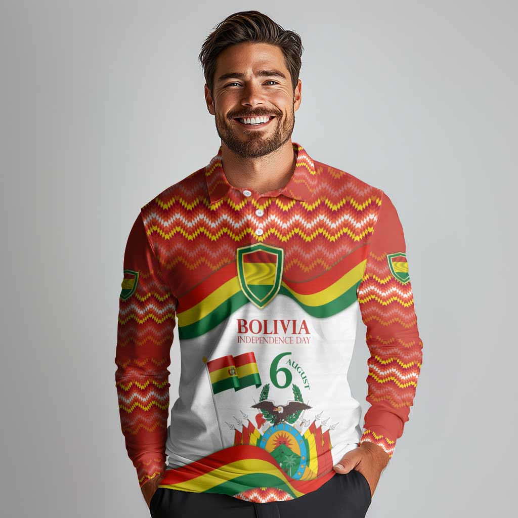 Bolivia Independence Day Long Sleeve Polo Shirt with Flag Colors and August 6 Celebration Design