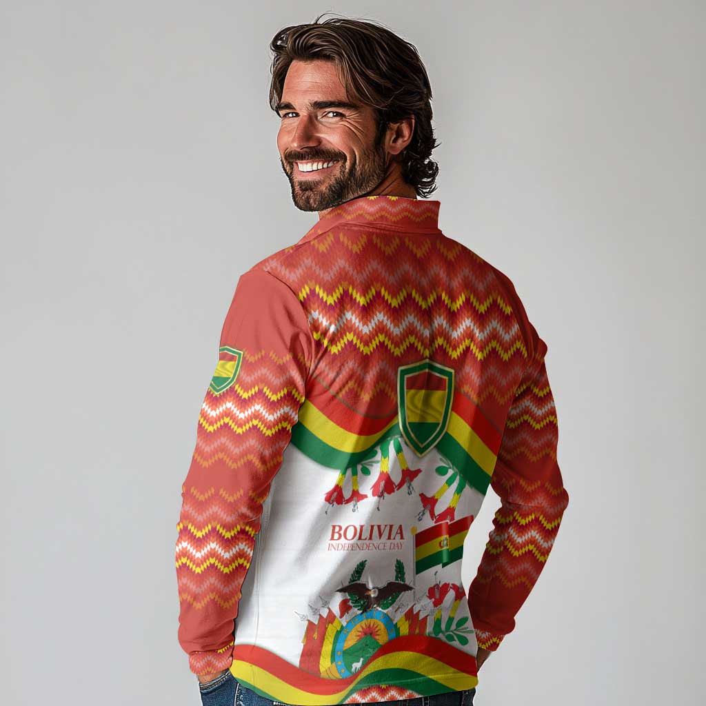 Bolivia Independence Day Long Sleeve Polo Shirt with Flag Colors and August 6 Celebration Design