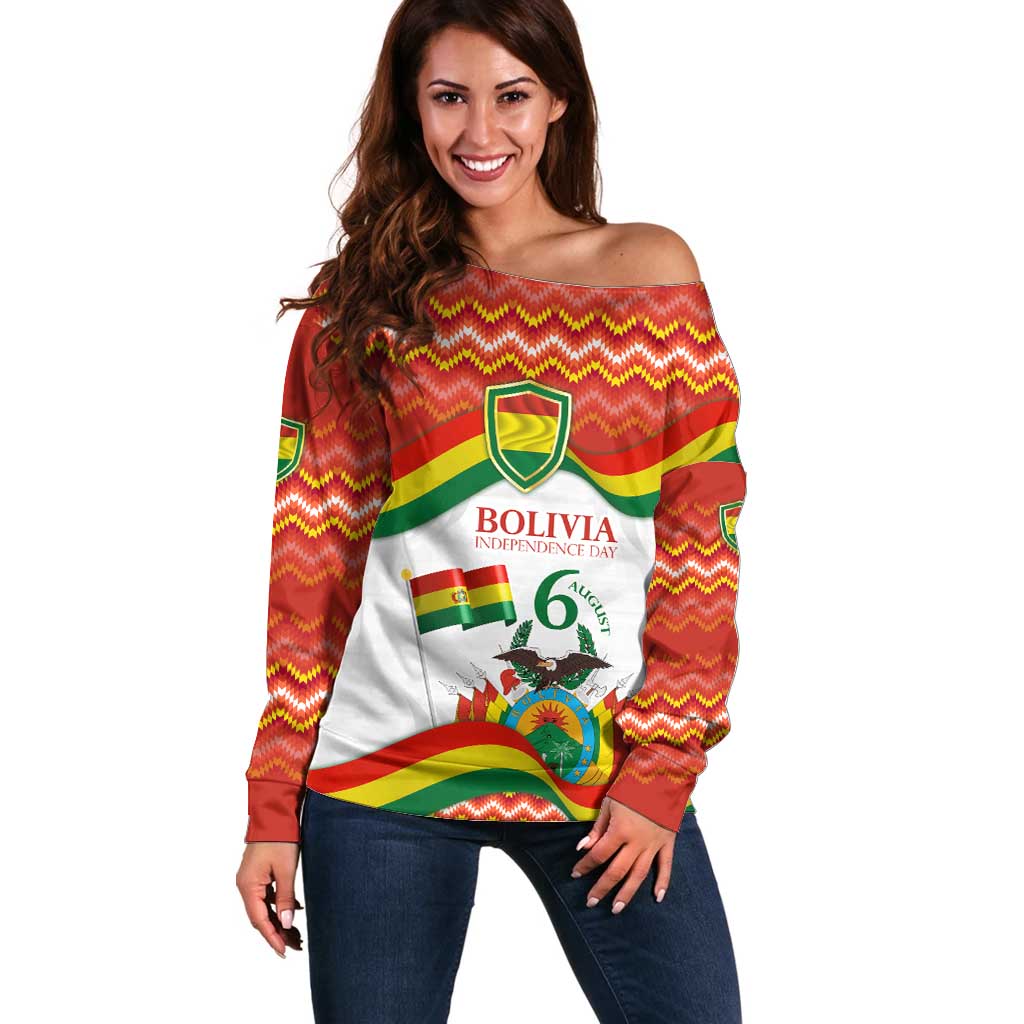 Bolivia Independence Day Off Shoulder Sweater with Flag Colors and August 6 Celebration Design
