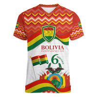 Bolivia Independence Day Women V-Neck T-Shirt with Flag Colors and August 6 Celebration Design