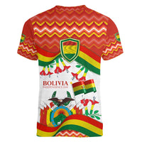 Bolivia Independence Day Women V-Neck T-Shirt with Flag Colors and August 6 Celebration Design