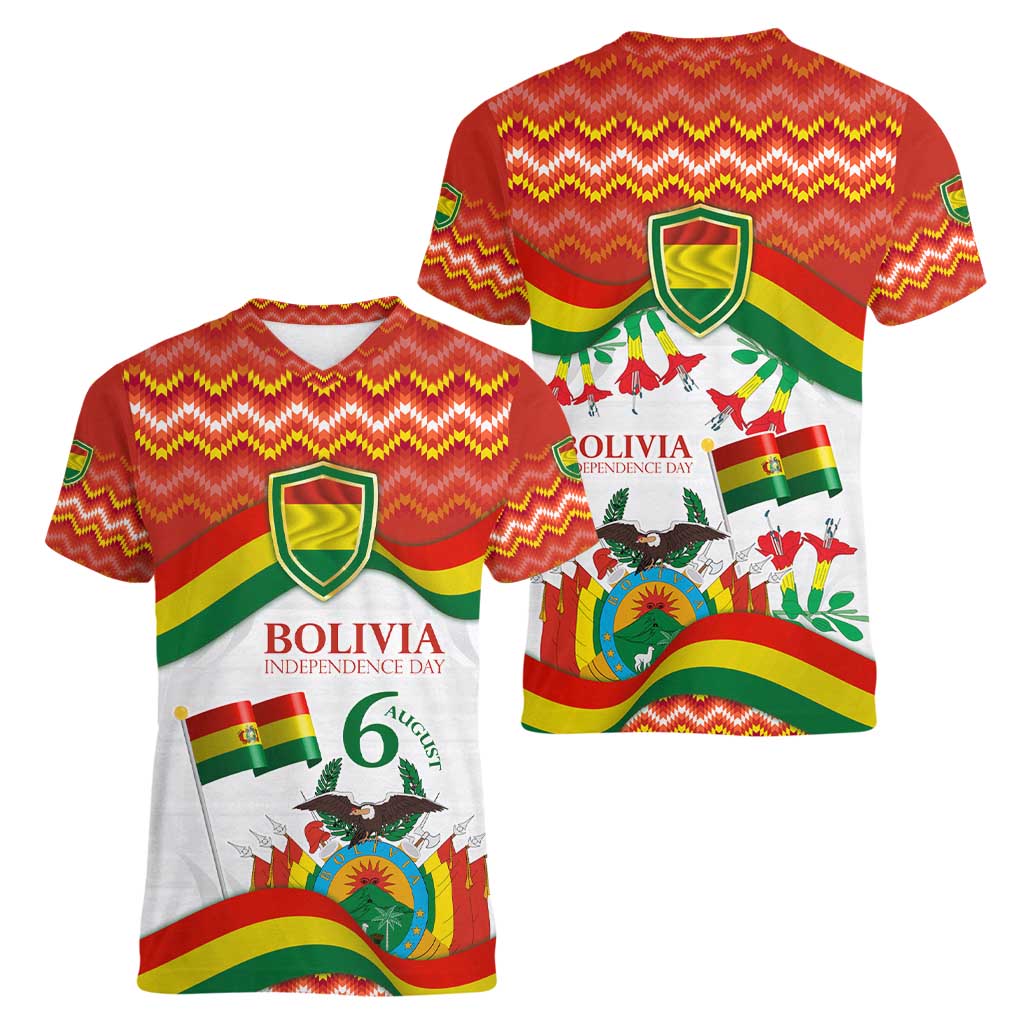 Bolivia Independence Day Women V-Neck T-Shirt with Flag Colors and August 6 Celebration Design