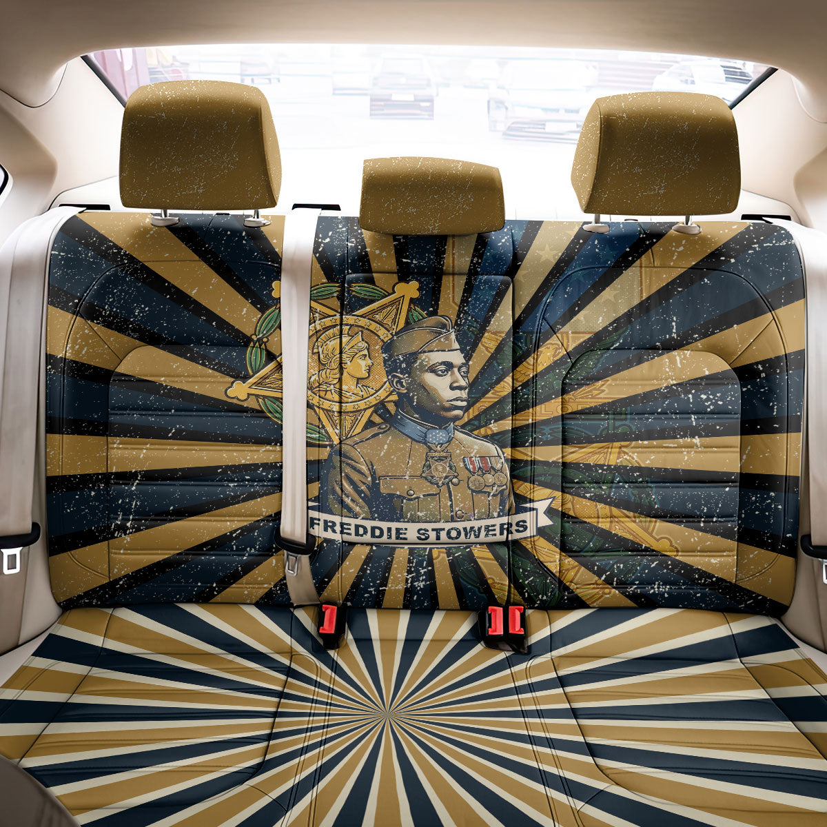 Freddie Stowers Back Car Seat Cover Medal Of Honor Hero - Vintage Retro Sunburst - Military Valor Heritage