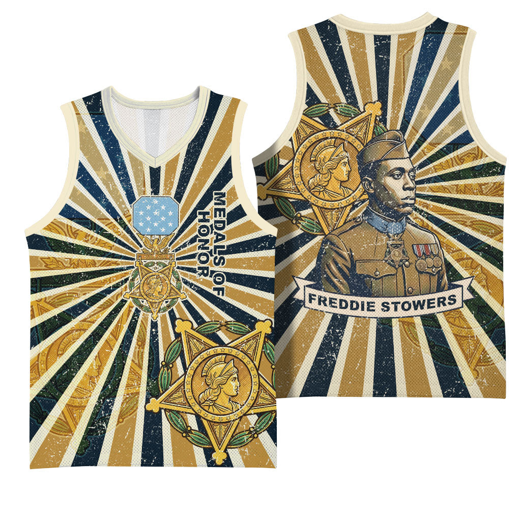 Freddie Stowers Basketball Jersey Medal Of Honor Hero - Vintage Retro Sunburst - Military Valor Heritage