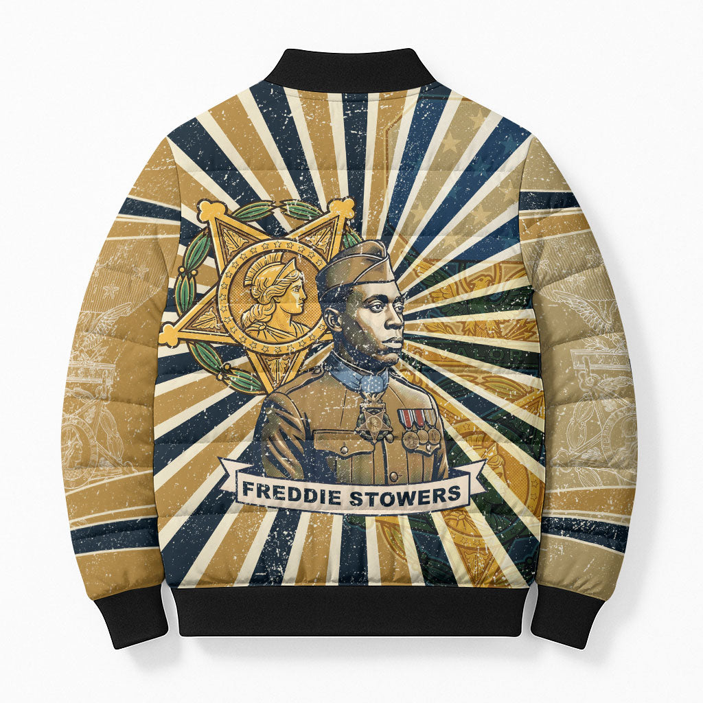 Freddie Stowers Bomber Puffer Jacket Medal Of Honor Hero - Vintage Retro Sunburst - Military Valor Heritage