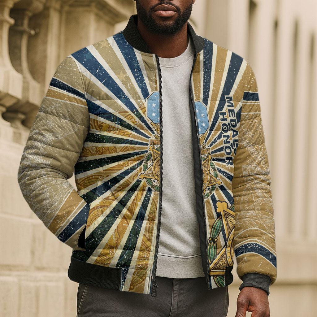 Freddie Stowers Bomber Puffer Jacket Medal Of Honor Hero - Vintage Retro Sunburst - Military Valor Heritage