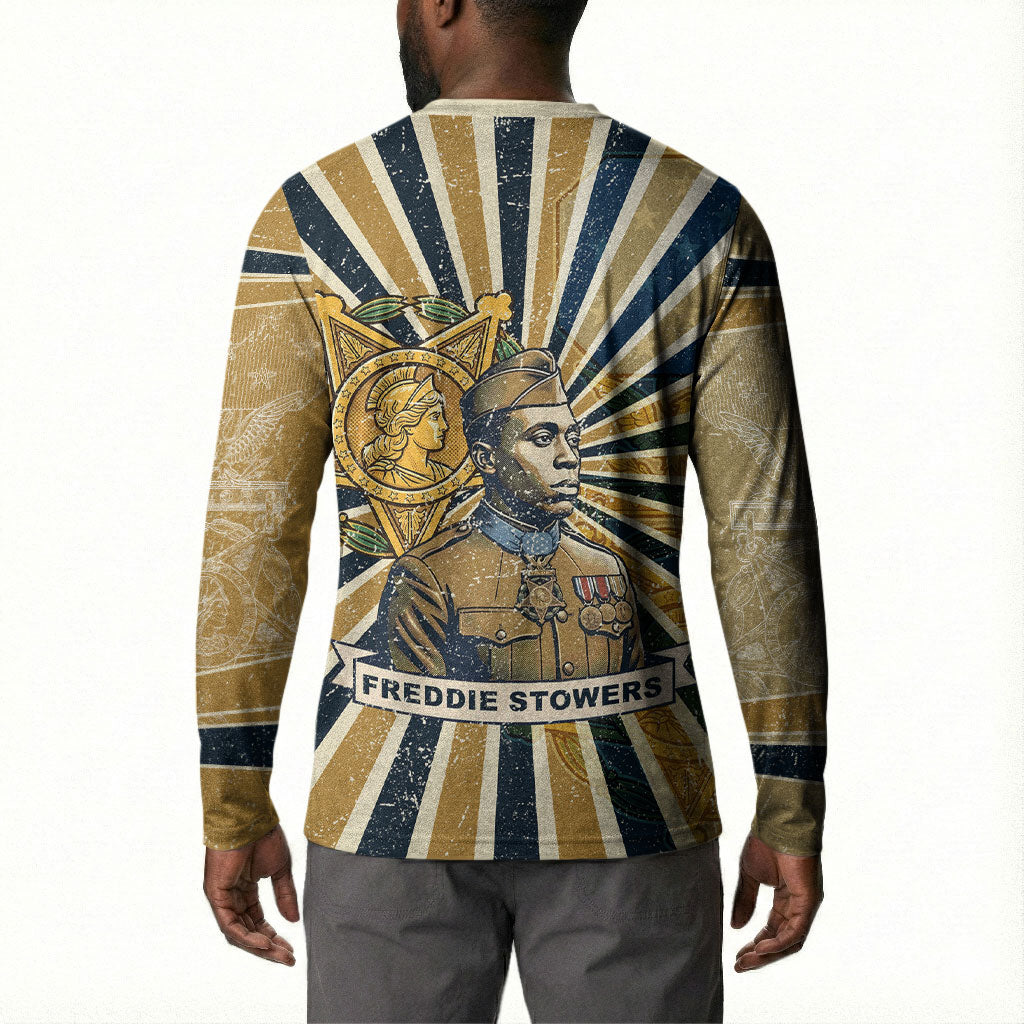 Freddie Stowers Button Sweatshirt Medal Of Honor Hero - Vintage Retro Sunburst - Military Valor Heritage