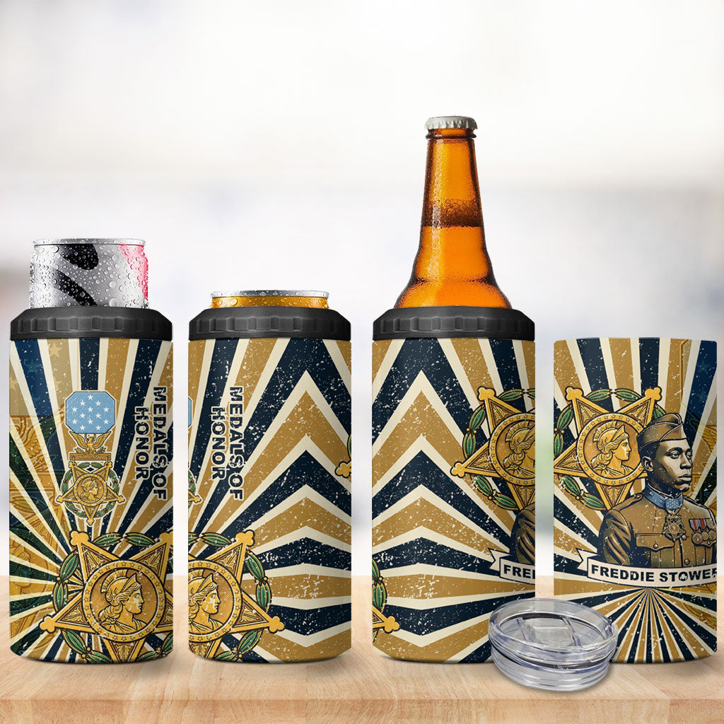 Freddie Stowers 4 in 1 Can Cooler Tumbler Medal Of Honor Hero - Vintage Retro Sunburst - Military Valor Heritage