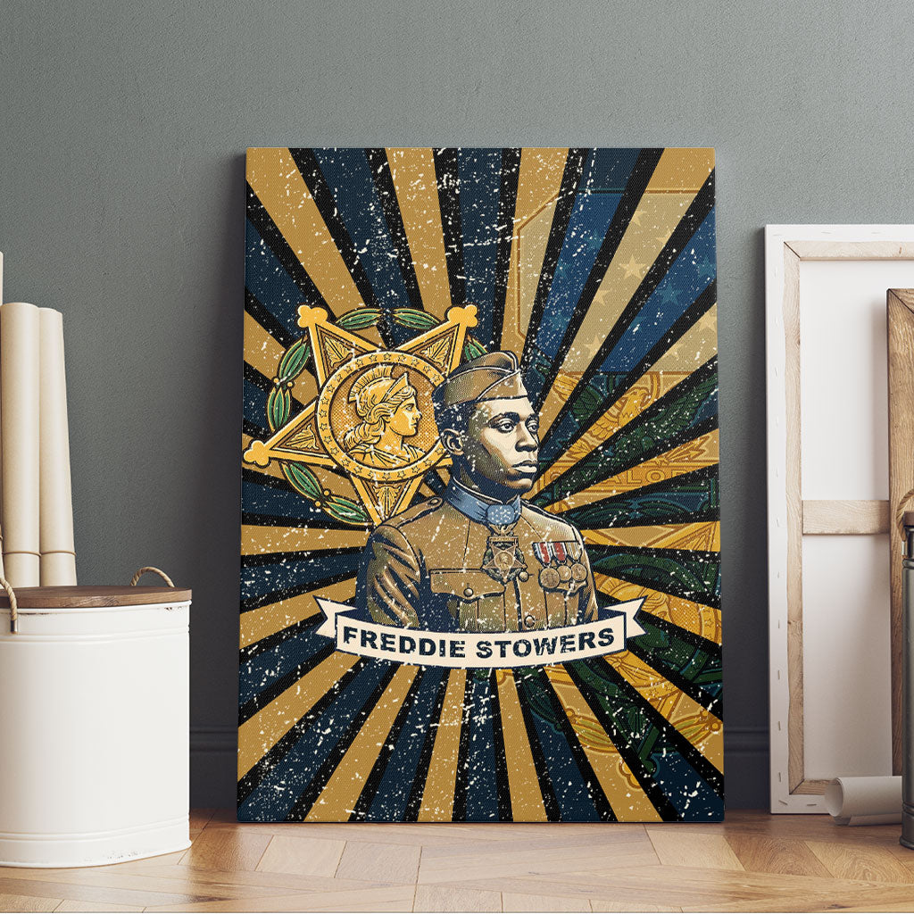 Freddie Stowers Canvas Wall Art Medal Of Honor Hero - Vintage Retro Sunburst - Military Valor Heritage