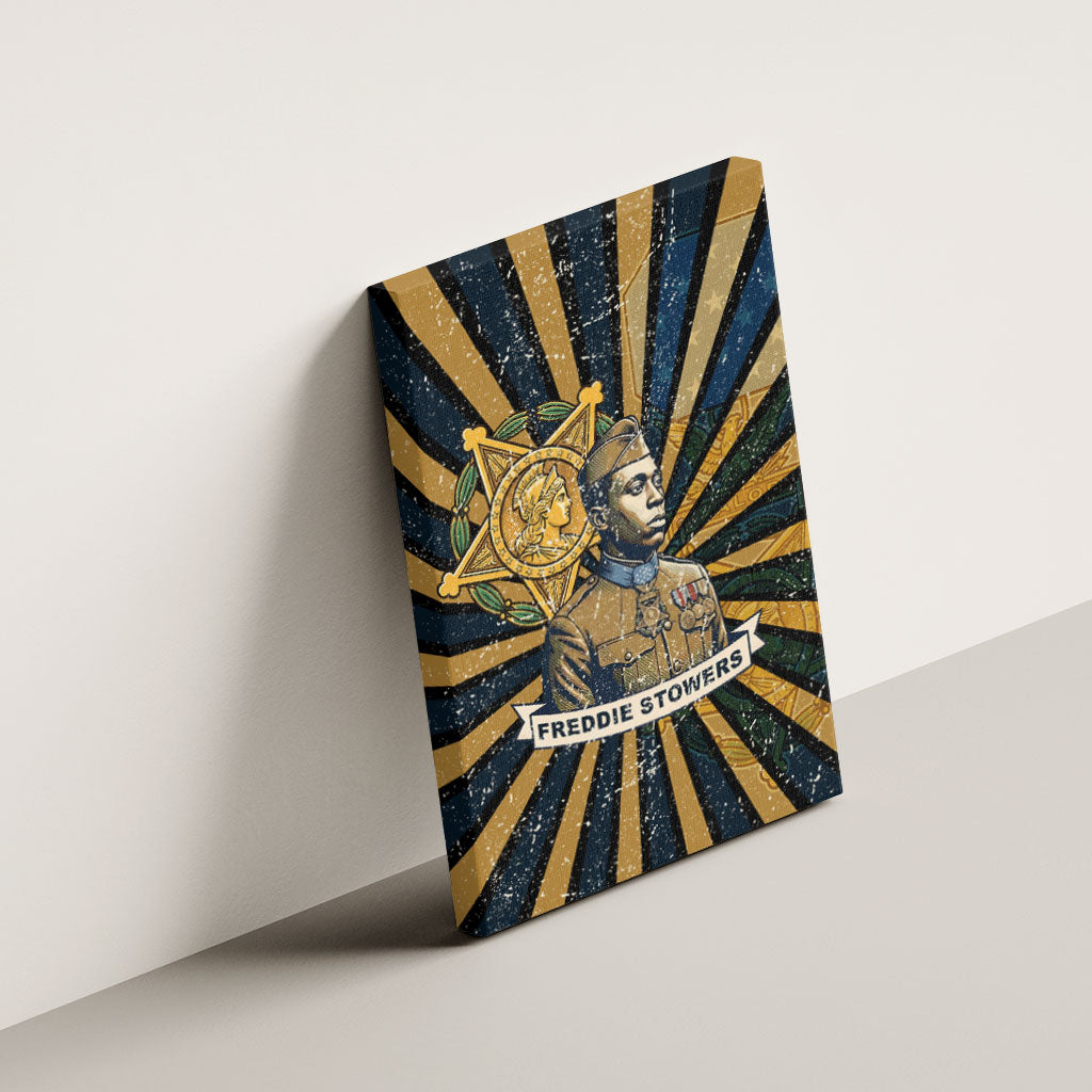 Freddie Stowers Canvas Wall Art Medal Of Honor Hero - Vintage Retro Sunburst - Military Valor Heritage