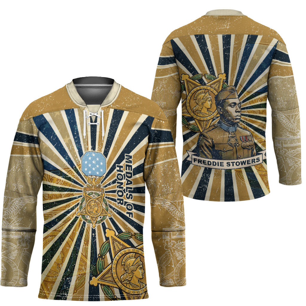 Freddie Stowers Hockey Jersey Medal Of Honor Hero - Vintage Retro Sunburst - Military Valor Heritage