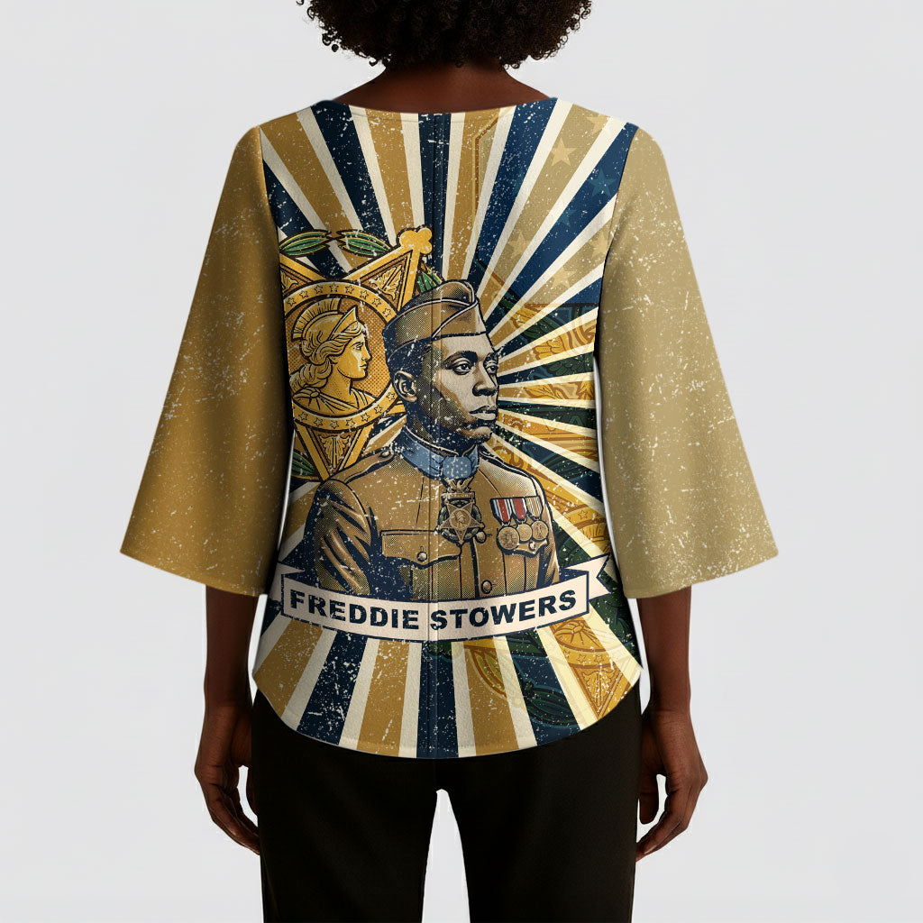 Freddie Stowers Kimono Sleeve Blouse Medal Of Honor Hero - Vintage Retro Sunburst - Military Valor Heritage