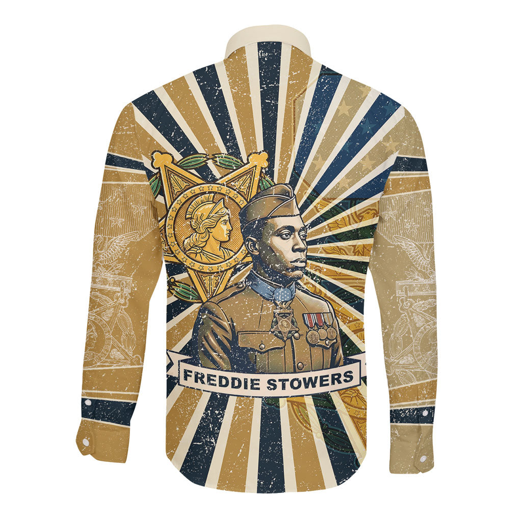 Freddie Stowers Long Sleeve Button Shirt Medal Of Honor Hero - Vintage Retro Sunburst - Military Valor Heritage