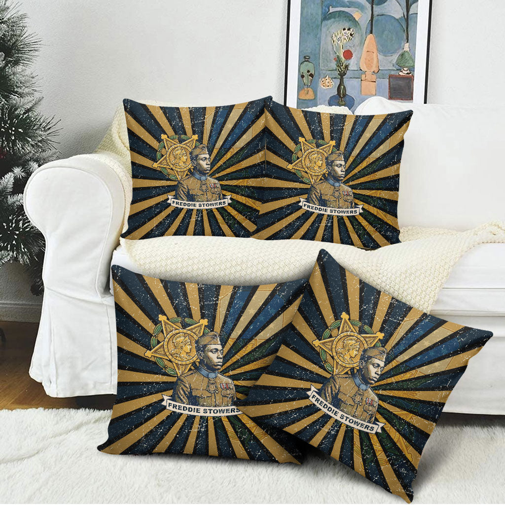 Freddie Stowers Pillow Cover Medal Of Honor Hero - Vintage Retro Sunburst - Military Valor Heritage