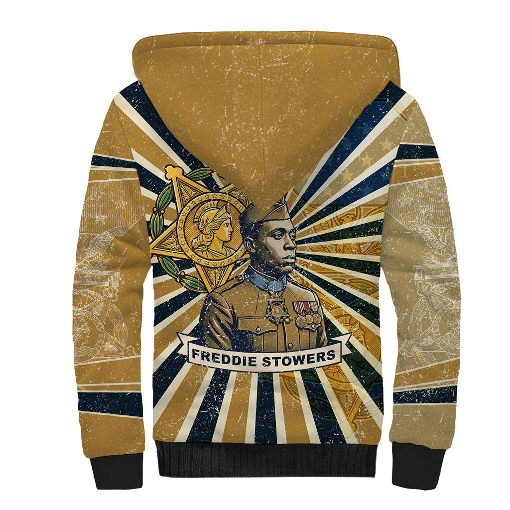 Freddie Stowers Sherpa Hoodie Medal Of Honor Hero - Vintage Retro Sunburst - Military Valor Heritage