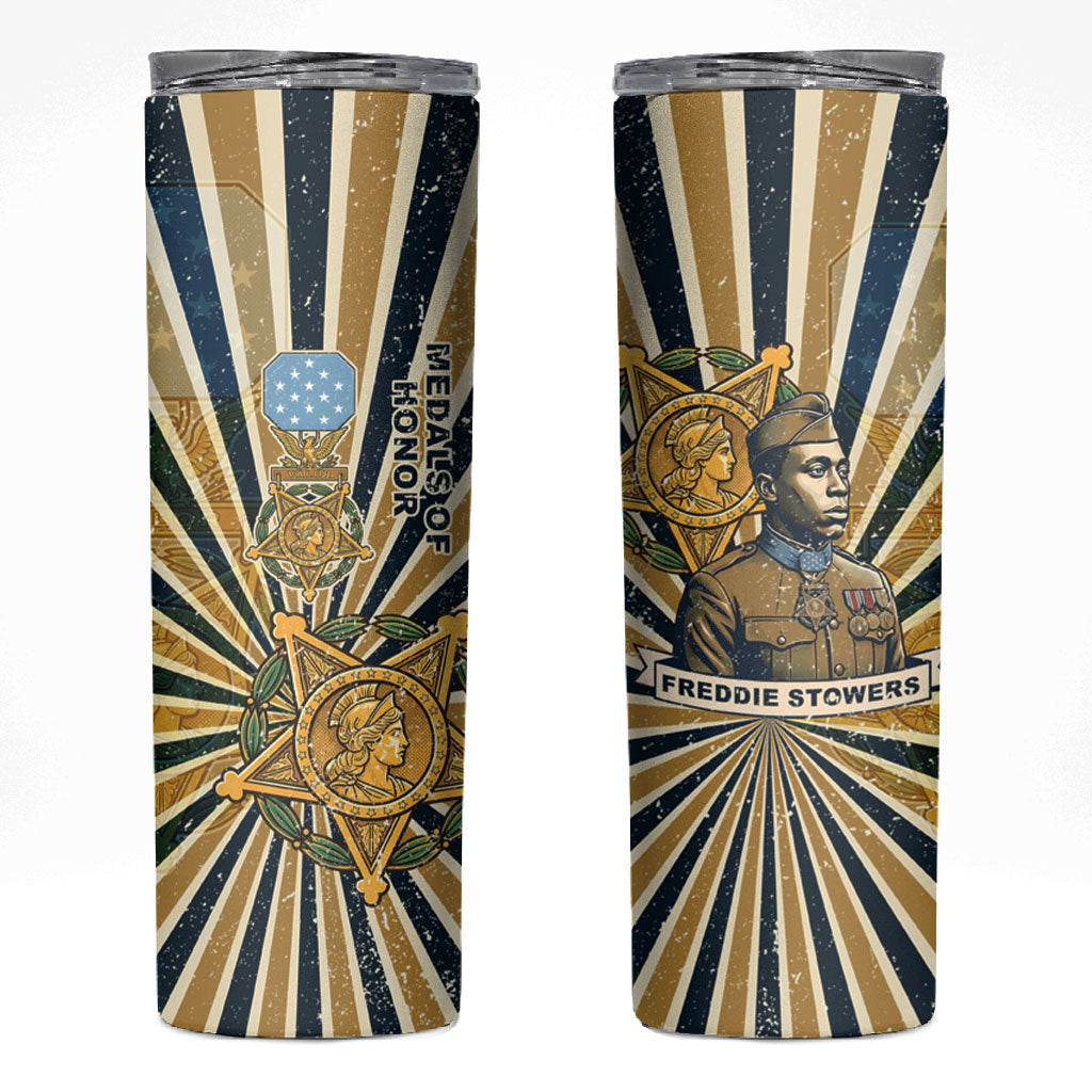 Freddie Stowers Skinny Tumbler Medal Of Honor Hero - Vintage Retro Sunburst - Military Valor Heritage