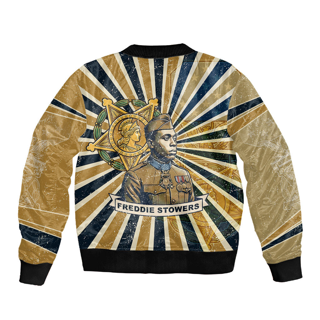 Freddie Stowers Sleeve Zip Bomber Jacket Medal Of Honor Hero - Vintage Retro Sunburst - Military Valor Heritage
