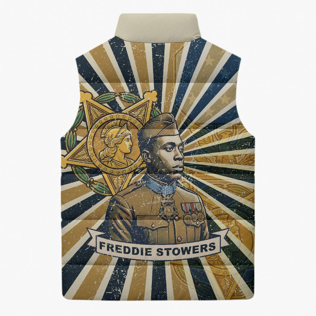 Freddie Stowers Sleeveless Puffer Jacket Medal Of Honor Hero - Vintage Retro Sunburst - Military Valor Heritage