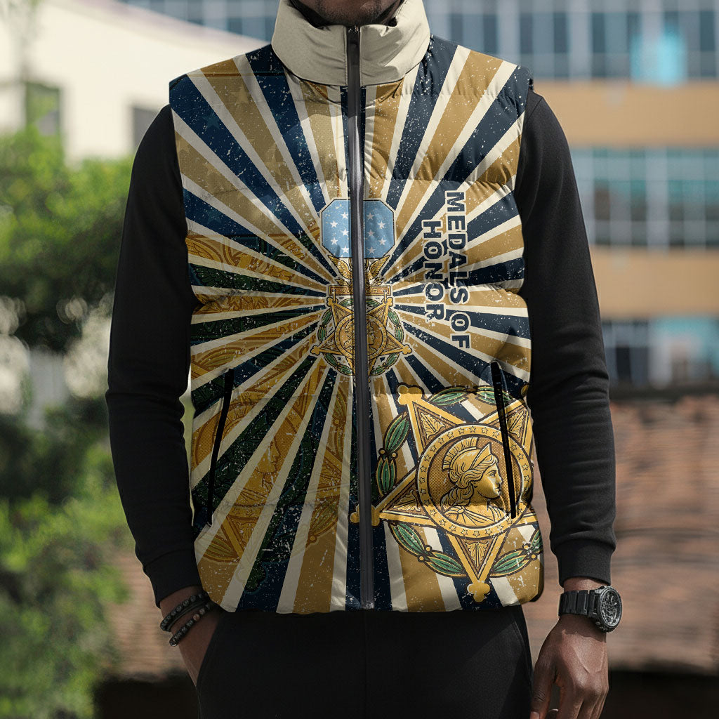 Freddie Stowers Sleeveless Puffer Jacket Medal Of Honor Hero - Vintage Retro Sunburst - Military Valor Heritage