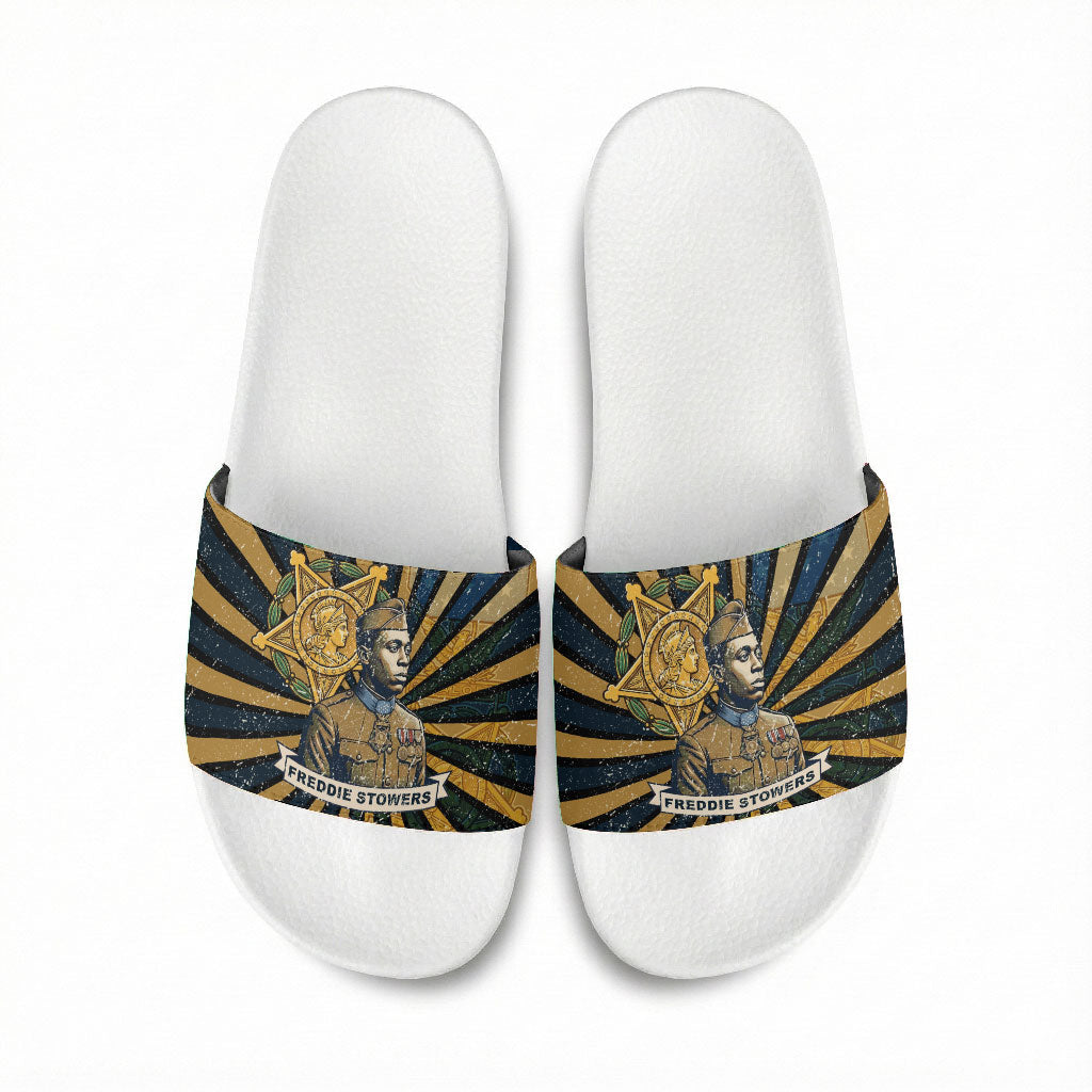 Freddie Stowers Slide Sandals Medal Of Honor Hero - Vintage Retro Sunburst - Military Valor Heritage