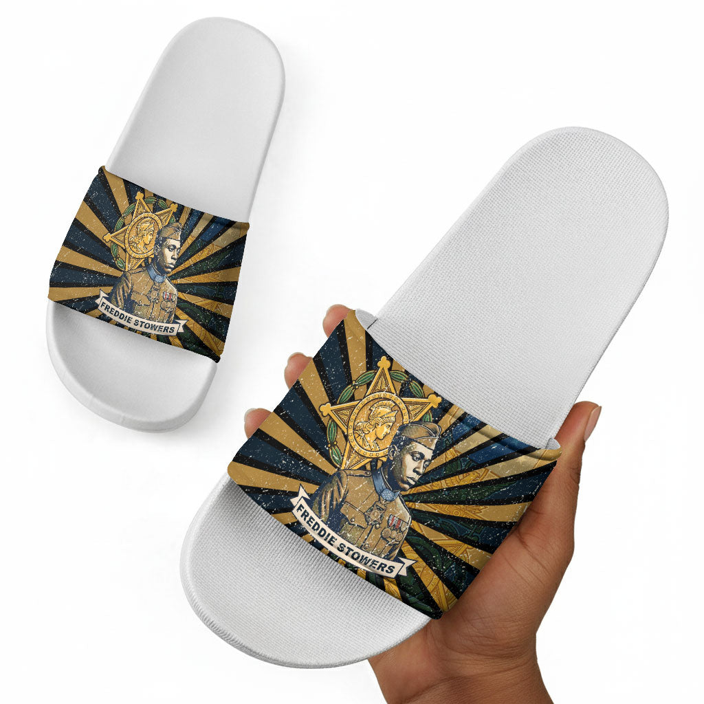 Freddie Stowers Slide Sandals Medal Of Honor Hero - Vintage Retro Sunburst - Military Valor Heritage