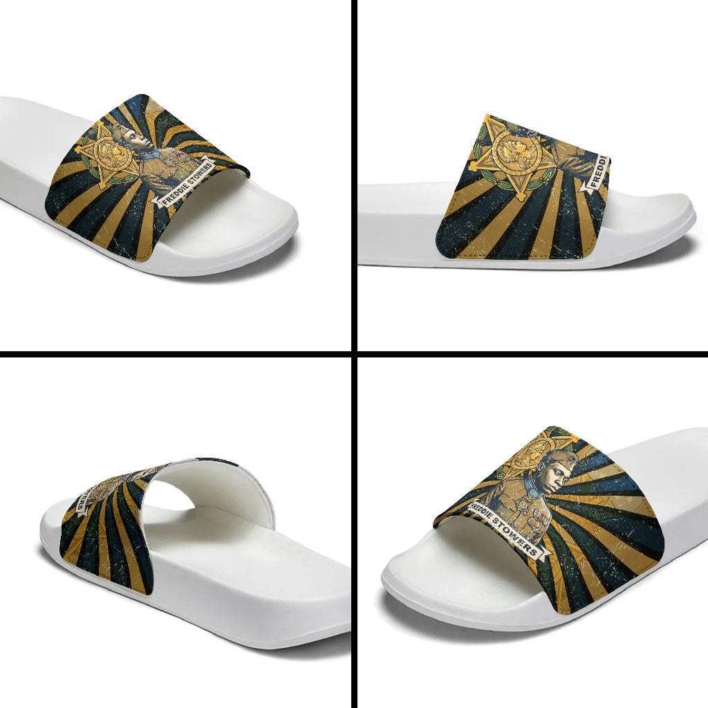 Freddie Stowers Slide Sandals Medal Of Honor Hero - Vintage Retro Sunburst - Military Valor Heritage