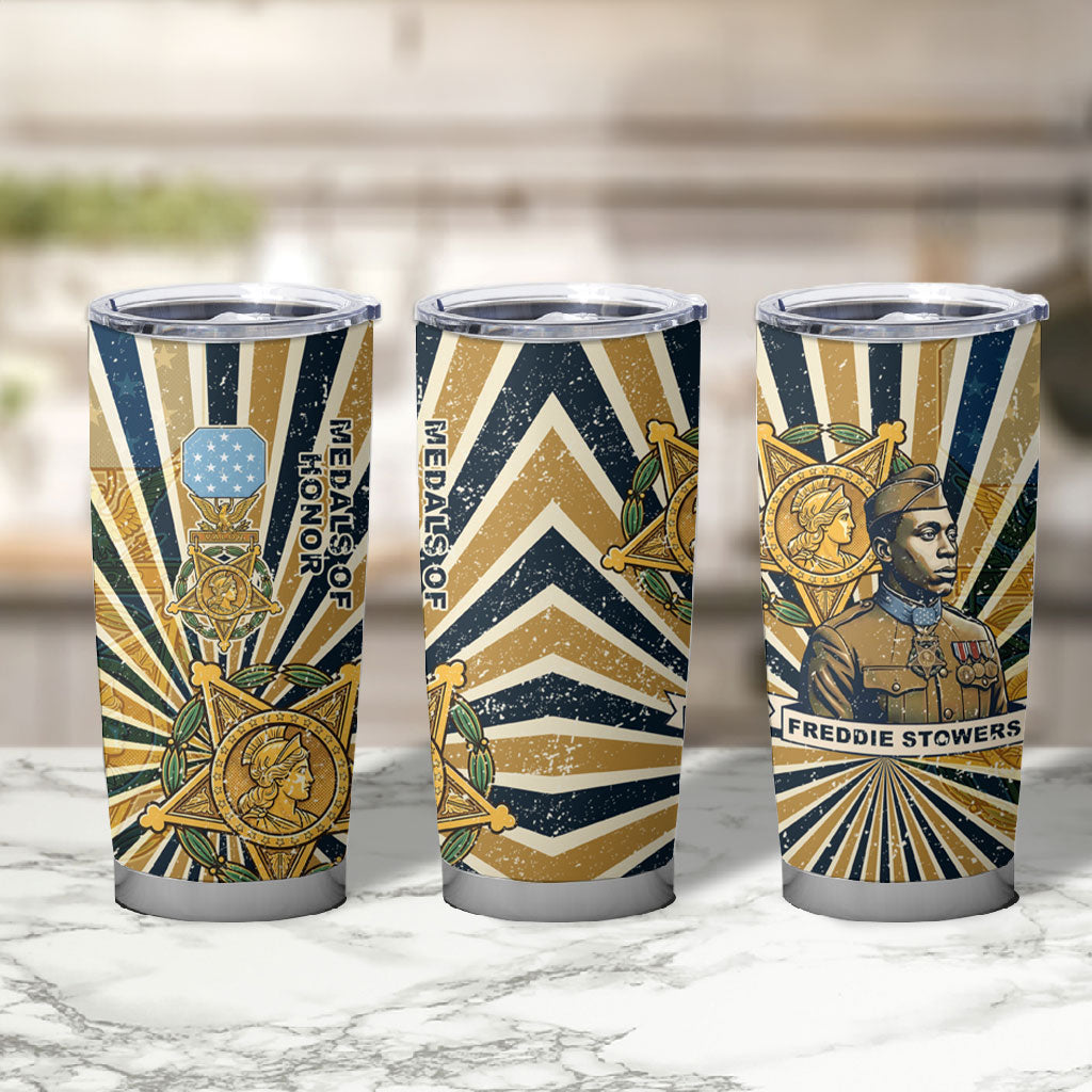Freddie Stowers Tumbler Cup Medal Of Honor Hero - Vintage Retro Sunburst - Military Valor Heritage