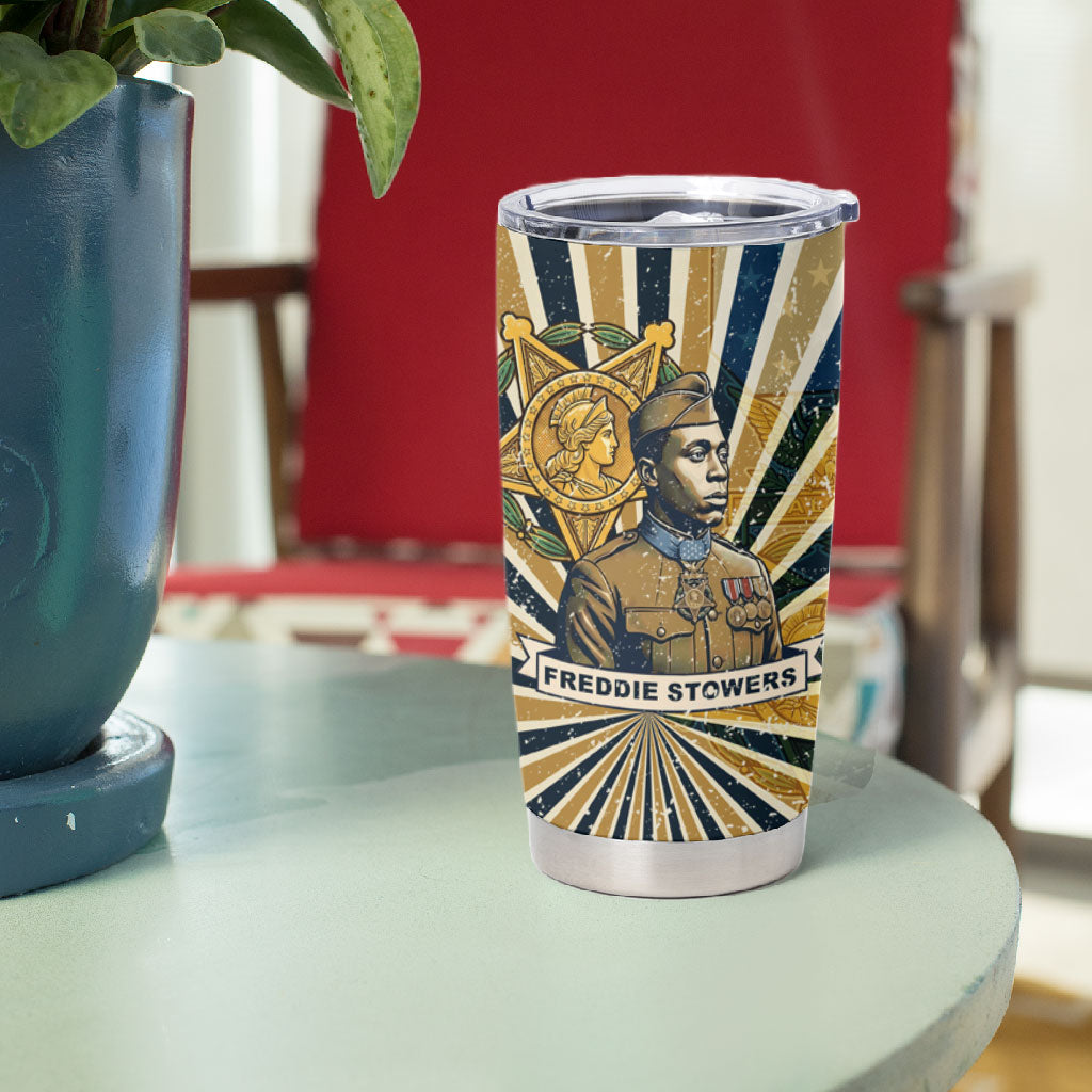 Freddie Stowers Tumbler Cup Medal Of Honor Hero - Vintage Retro Sunburst - Military Valor Heritage