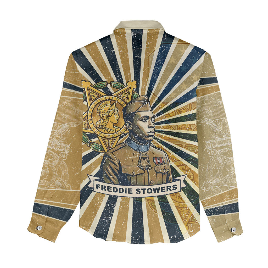 Freddie Stowers Women Casual Shirt Medal Of Honor Hero - Vintage Retro Sunburst - Military Valor Heritage