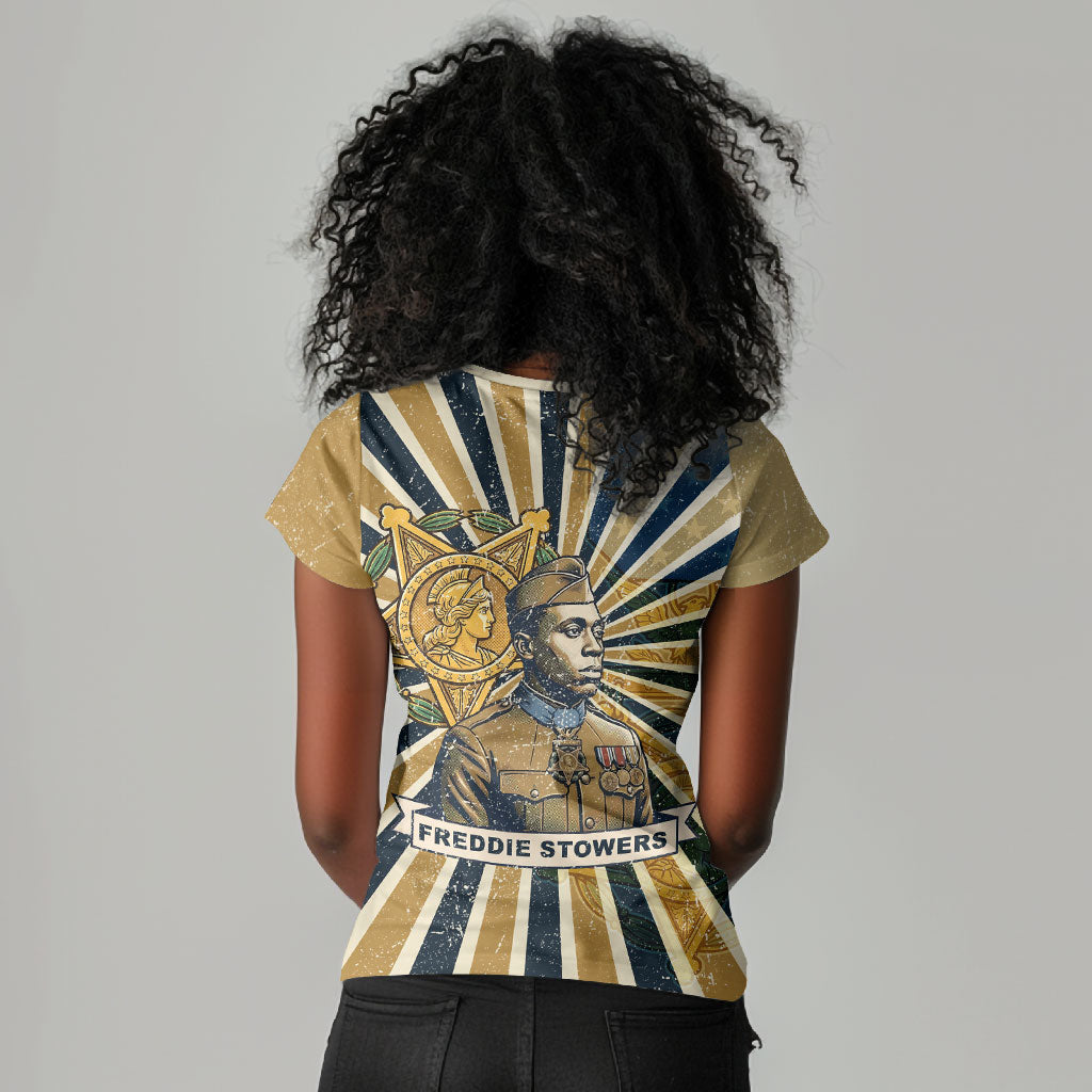 Freddie Stowers Women V-Neck T-Shirt Medal Of Honor Hero - Vintage Retro Sunburst - Military Valor Heritage