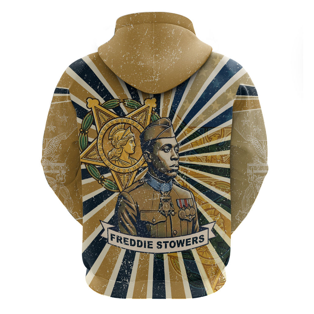 Freddie Stowers Zip Hoodie Medal Of Honor Hero - Vintage Retro Sunburst - Military Valor Heritage