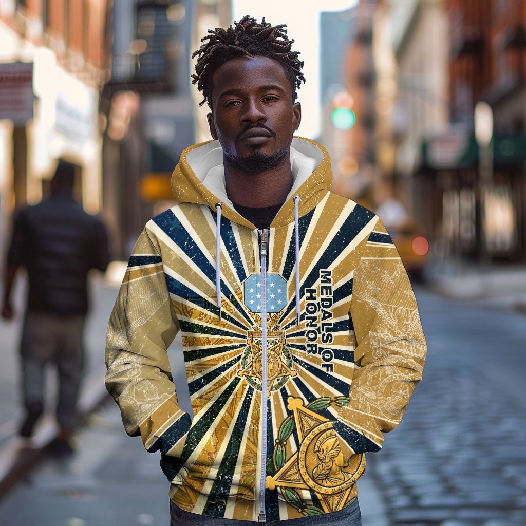 Freddie Stowers Zip Hoodie Medal Of Honor Hero - Vintage Retro Sunburst - Military Valor Heritage
