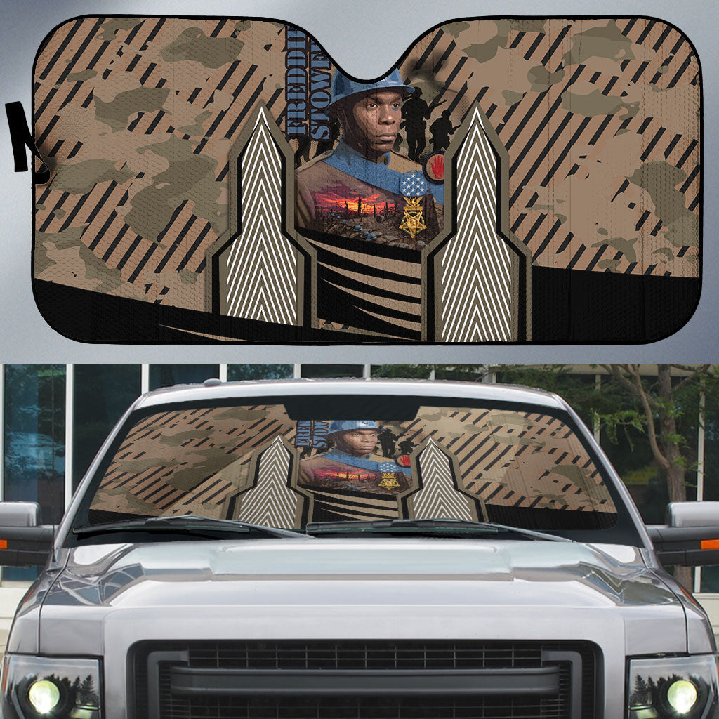 Freddie Stowers African American Auto Sun Shade Medal Of Honor Red Hand - Military Camouflage Striped World War I