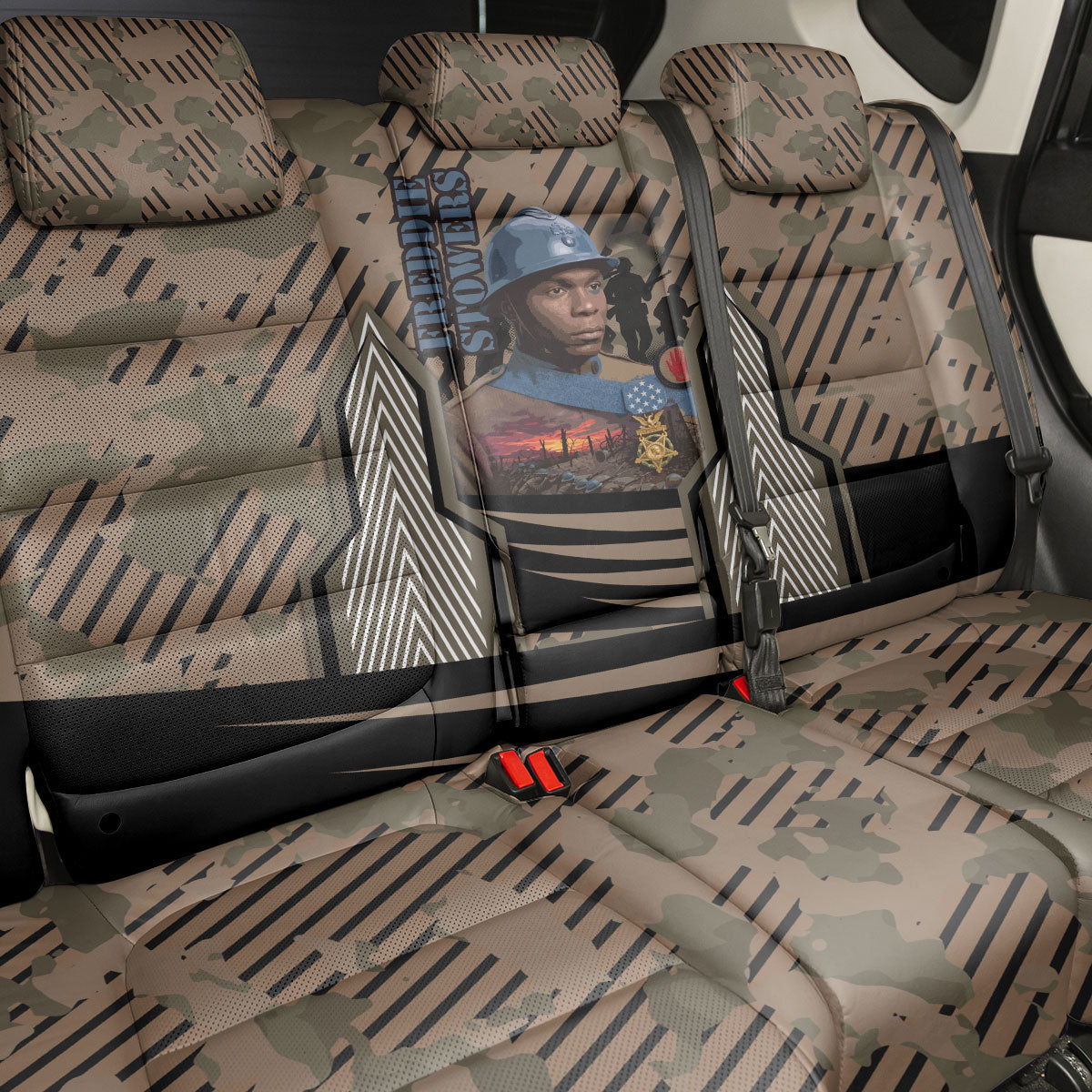 Freddie Stowers African American Back Car Seat Cover Medal Of Honor Red Hand - Military Camouflage Striped World War I