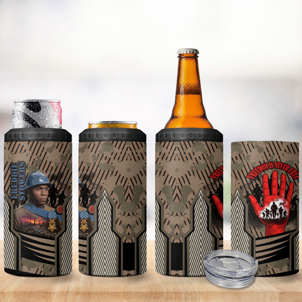 Freddie Stowers African American 4 in 1 Can Cooler Tumbler Medal Of Honor Red Hand - Military Camouflage Striped World War I